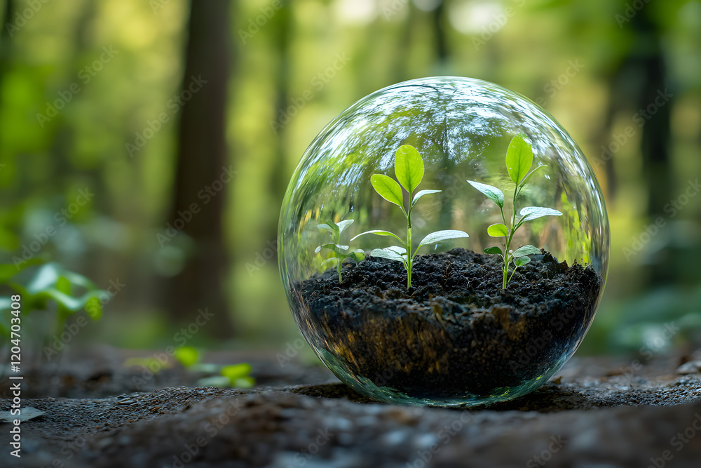 Seedlings in Glass Sphere on Forest Floor Seedlings in Glass Sphere on Forest Floor