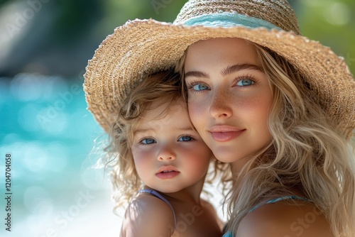 Mother Applying Sunscreen on Daughter at Beach Bright Natural Lighting photo