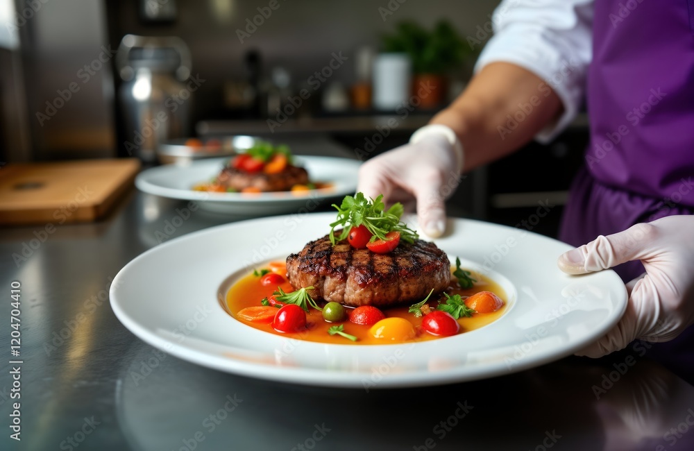 Chef in pro uniform prepares gourmet dish in upscale restaurant kitchen. Chef hands precisely cook dish on plate. Dish fresh, tasty. Gourmet meal served to 5-star customers. Indoor kitchen scene. Chef in pro uniform prepares gourmet dish in upscale restaurant kitchen. Chef hands precisely cook dish on plate. Dish fresh, tasty. Gourmet meal served to 5-star customers. Indoor kitchen scene.