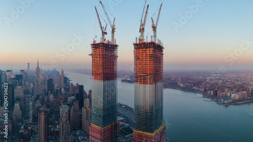 Aerial View of Twin Towers Under Construction in NYC at Sunset photo