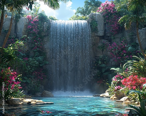 Lush tropical waterfall cascading into a tranquil pool, surrounded by vibrant pink flowers and green foliage.