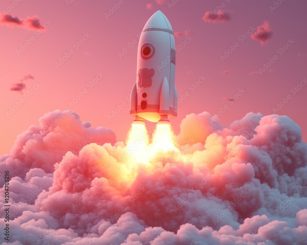 Fototapeta premium Whimsical Rocket Launching from Clouds in Soft Pastel Colors with Dramatic Lighting