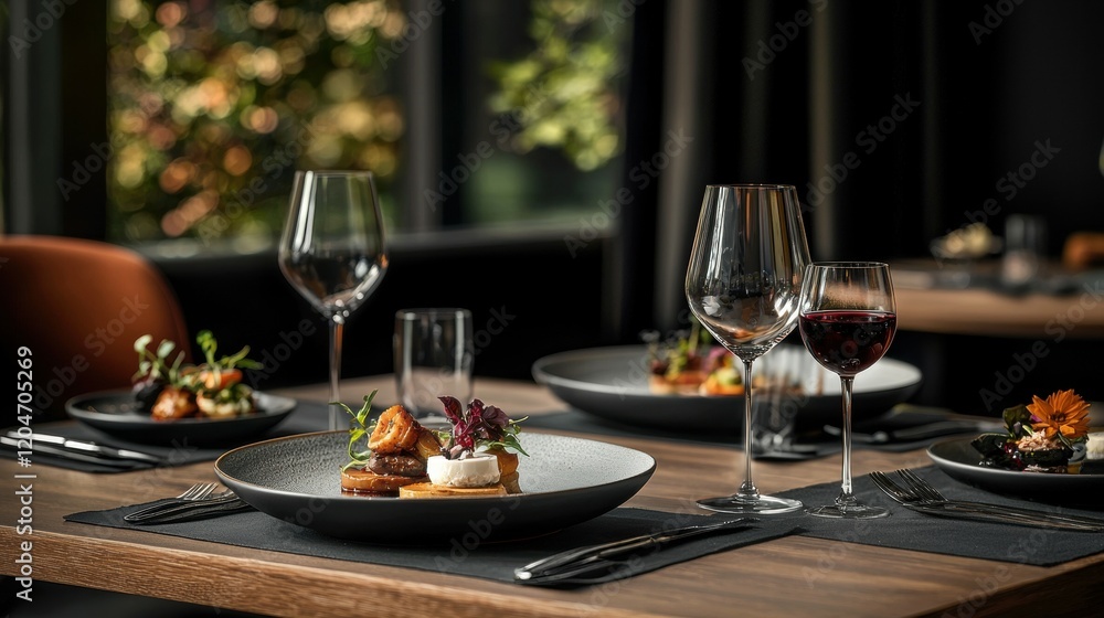 Fototapeta premium Close-up food photography elegant three-course dinner in a cozy dining setting