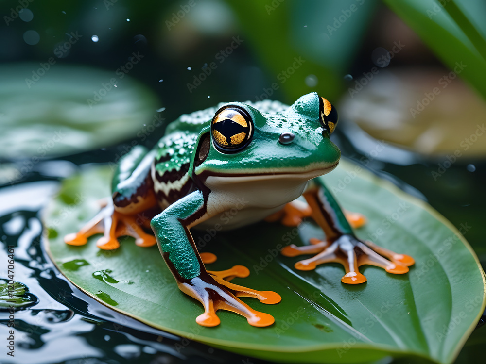A vibrant green tree frog with striking orange toes sitting on a floating leaf in a water habitat, surrounded by lush greenery and natural reflections A vibrant green tree frog with striking orange toes sitting on a floating leaf in a water habitat, surrounded by lush greenery and natural reflections