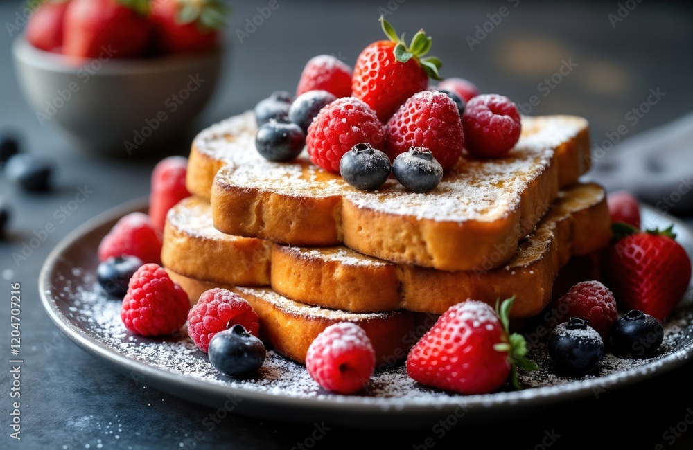 Delicious stack of french toast topped with fresh berries, powdered sugar. Sweet, golden-brown slices of french toast piled high. Ripe raspberries, blueberries artfully arranged on top. Light dusting Delicious stack of french toast topped with fresh berries, powdered sugar. Sweet, golden-brown slices of french toast piled high. Ripe raspberries, blueberries artfully arranged on top. Light dusting
