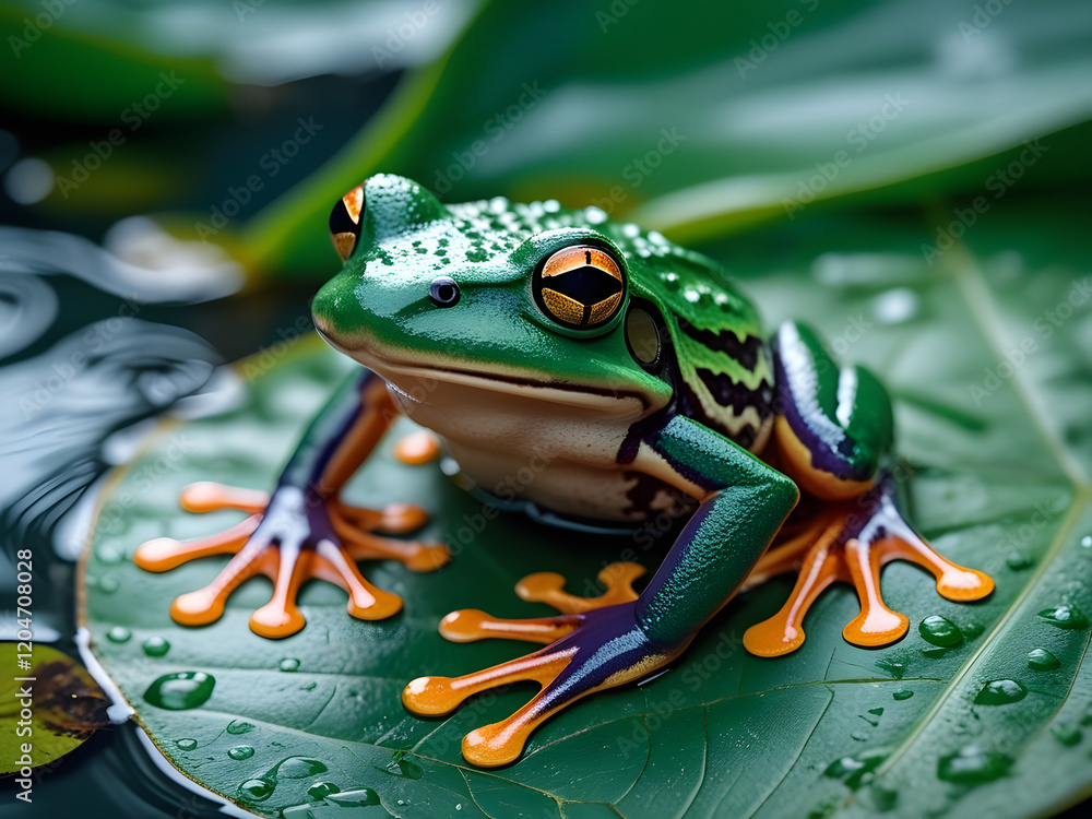 A vibrant green tree frog with striking orange toes sitting on a floating leaf in a water habitat, surrounded by lush greenery and natural reflections A vibrant green tree frog with striking orange toes sitting on a floating leaf in a water habitat, surrounded by lush greenery and natural reflections