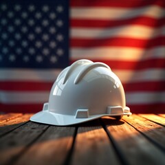 Safety hard hat on wooden surface with American flag in background. US industry concept. Protection for workers. Represents American work ethic. Safety key for success in construction. Hard hat