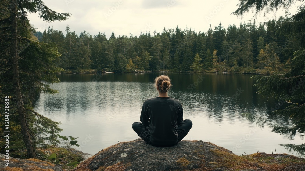 Woman meditating by serene lake in forest. Woman meditating by serene lake in forest.