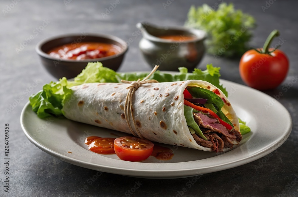 Grilled beef wraps filled with fresh lettuce and cherry tomatoes, served on a blue-rimmed plate with a rustic wooden backdrop. Accompanied by bowls of shredded cheese, vine tomatoes, and a dipping sau Grilled beef wraps filled with fresh lettuce and cherry tomatoes, served on a blue-rimmed plate with a rustic wooden backdrop. Accompanied by bowls of shredded cheese, vine tomatoes, and a dipping sau