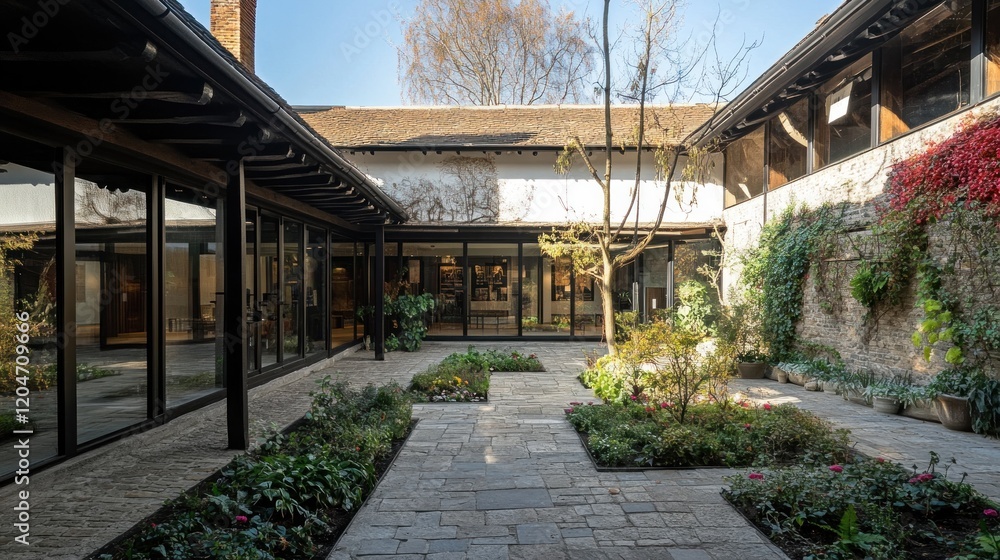 Sunlit courtyard garden with stone path, plants, and traditional architecture. Sunlit courtyard garden with stone path, plants, and traditional architecture.