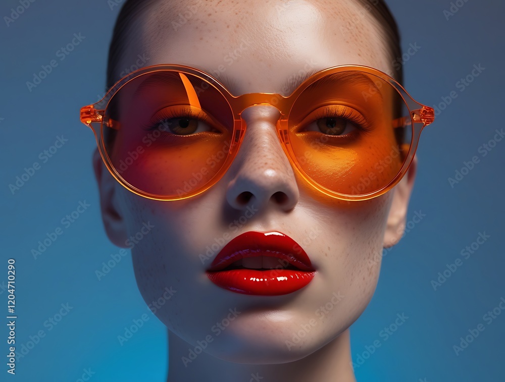 High-fashion editorial portrait of a woman in oversized orange sunglasses, featuring glossy red lips and glowing blue-orange neon lighting for a striking futuristic effect
High-fashion editorial portrait of a woman in oversized orange sunglasses, featuring glossy red lips and glowing blue-orange neon lighting for a striking futuristic effect