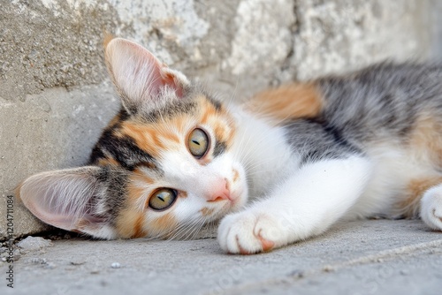 A lone tricolor cat rests on pavement gaze directed at the camera She is ginger white and gray with a clipped ear showing she s spayed photo