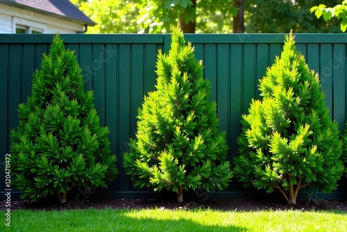 Wallpaper Mural Row of green thuja trees in front of metal fence, evergreen, yard decor, thuja Torontodigital.ca