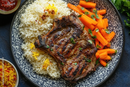 Aerial view of grilled lamb rice and carrots on small dishes photo