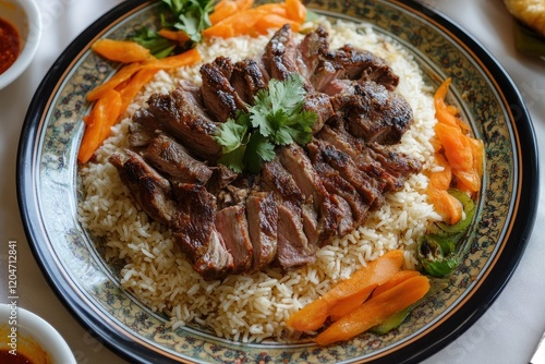 Aerial view of lamb rice and carrots on a plate photo