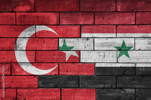 Obraz w ramie colourful painted big flag of turkey and flag of syria on a massive old brick wall background. concept