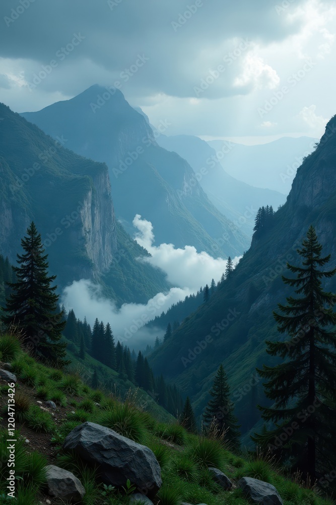 Fototapeta premium Stormy weather in Northcliffe mountains with fog, stormy weather, rugged terrain, trees