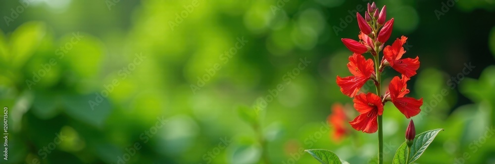 Tall red flowers of Lychnis chalcedonica bloom against a green leafy background, landscape, nature Tall red flowers of Lychnis chalcedonica bloom against a green leafy background, landscape, nature