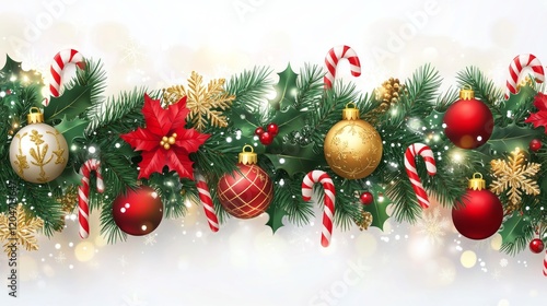 Wallpaper Mural A highly detailed, festive Christmas garland illustration featuring vibrant green pine branches adorned with red and gold ornaments, candy canes, holly berries, and small ribbon bows.  Torontodigital.ca