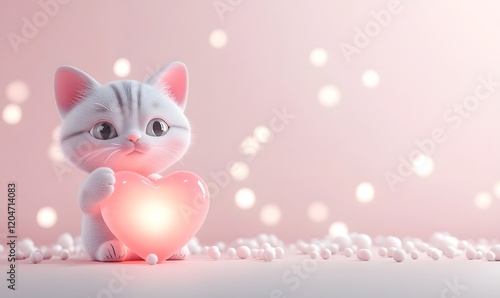 Cute kitten holding glowing heart on pink background.