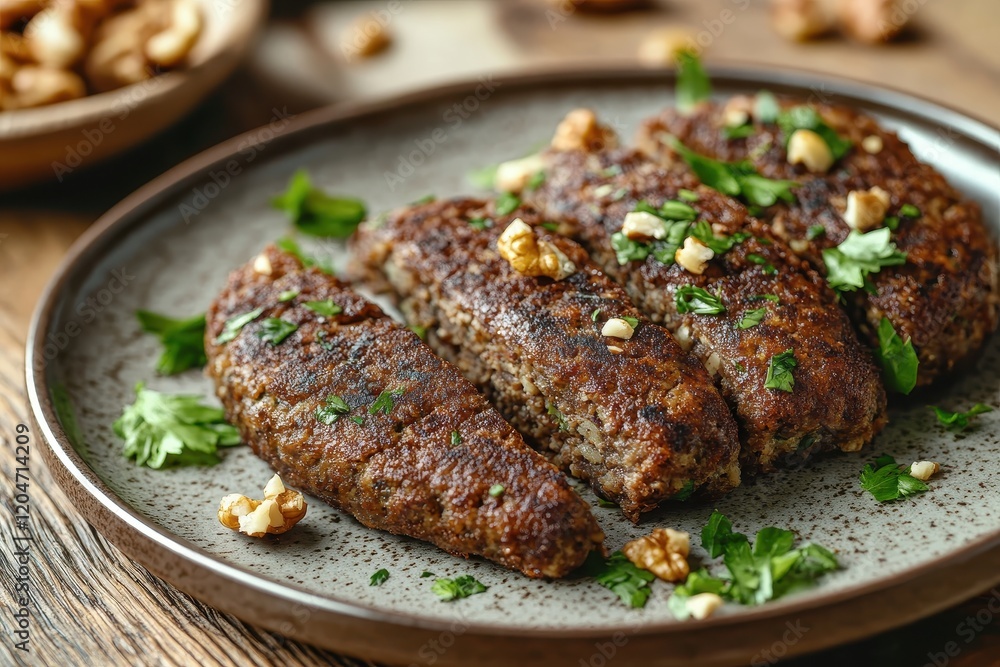 Appetizer plate of walnut topped grilled kibbeh Appetizer plate of walnut topped grilled kibbeh