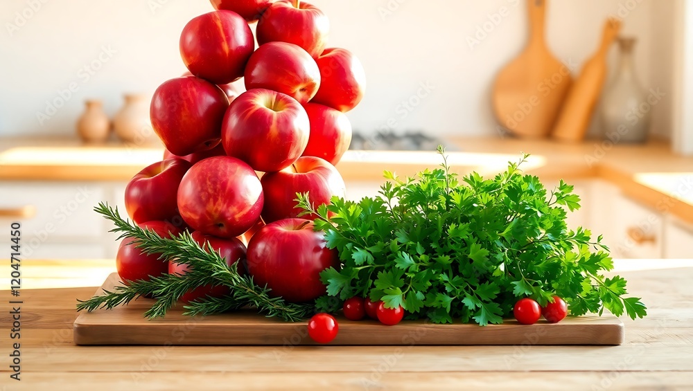 Sunny Kitchen Counter with Red Apples and Fresh Herbs Sunny Kitchen Counter with Red Apples and Fresh Herbs