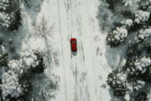 Bird s eye view of a snowy road featuring a red car and a white truck surrounded by forest photo