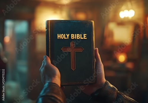 Hands Holding Holy Bible in Warm Room Light photo