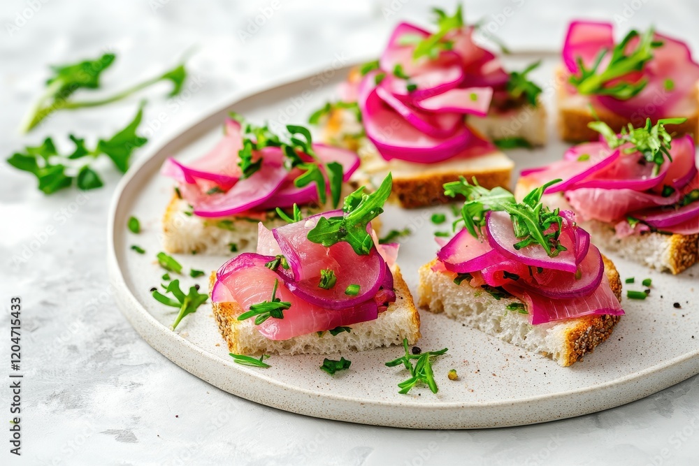 Bite sized treat Small open faced sandwiches featuring sweet pickled onions salted herring and greens on a light marble surface Bite sized treat Small open faced sandwiches featuring sweet pickled onions salted herring and greens on a light marble surface