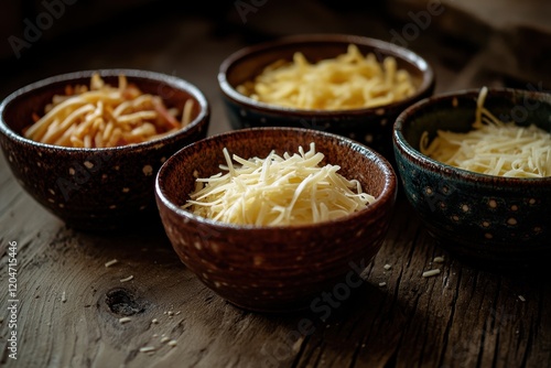 Bird s eye view of three bowls highlighting the central cheese filled bowl photo