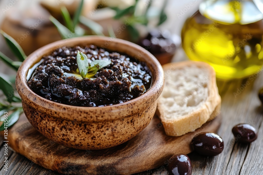 Black olive spread on bread drizzled with olive oil set against a ceramic backdrop Black olive spread on bread drizzled with olive oil set against a ceramic backdrop