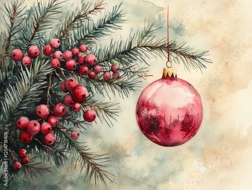 Christmas foliage watercolor illustration with pine branches red berries shiny pink ornament holiday decoration