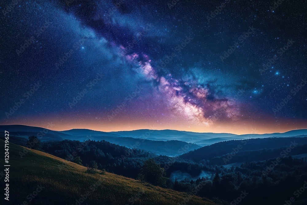 Starlit Night Over Rolling Hills with Mist and Milky Way Starlit Night Over Rolling Hills with Mist and Milky Way