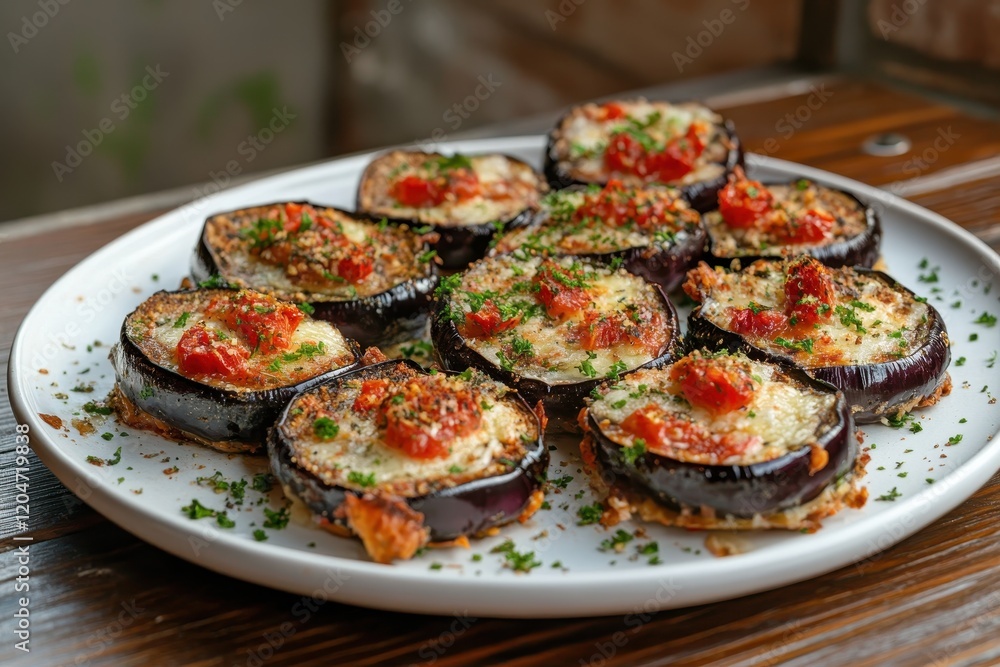 Classic Sicilian eggplant dish baked with cheese tomatoes and spices served on a white plate on a wooden table Classic Sicilian eggplant dish baked with cheese tomatoes and spices served on a white plate on a wooden table