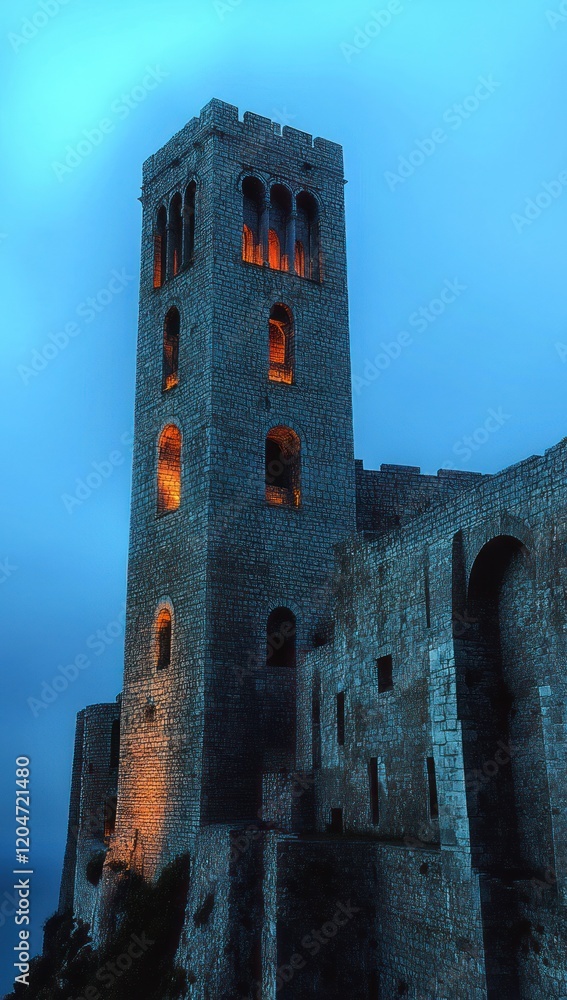 Nighttime View of Medieval Castle Illuminated by Soft Golden Lights in Romantic Style Nighttime View of Medieval Castle Illuminated by Soft Golden Lights in Romantic Style