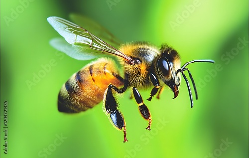 A Honeybee in Flight Against a Green Background photo