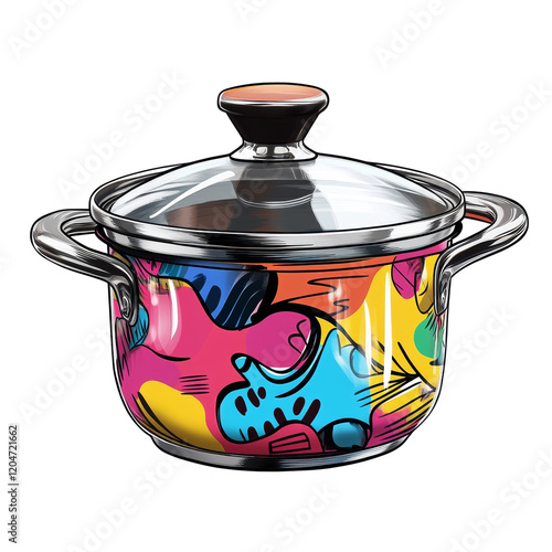 A stylish cooking pot with a glass lid features a vibrant abstract design in bright colors. photo