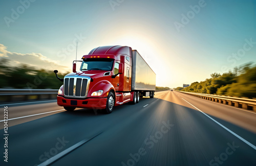 Fast red semi-truck races on busy freeway. Blurry motion effect shows high speed. Sunny day on highway. Urban setting with trees along road. Modern transportation vehicle in motion. American