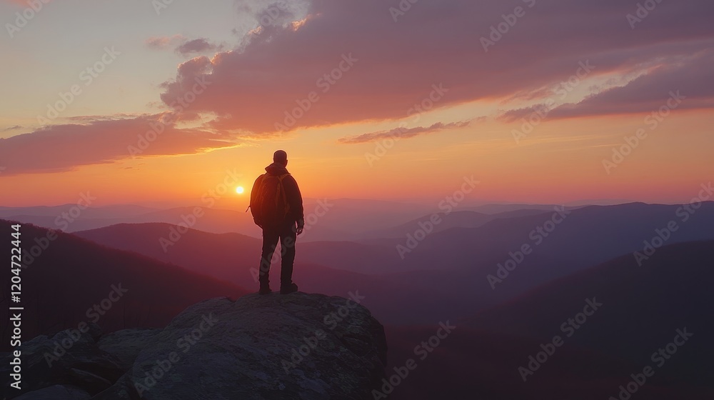 Obraz premium Solitary Hiker Silhouette at Sunset Over Mountain Range
