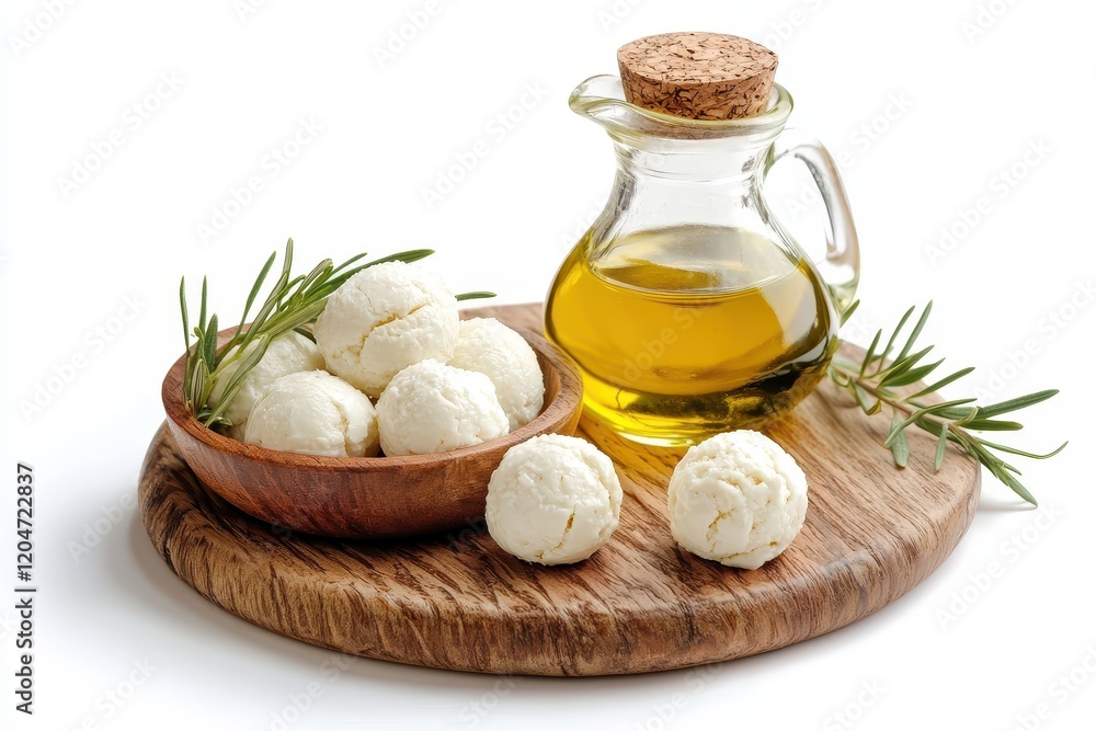 Container of yogurt or cheese balls in olive oil on white background Container of yogurt or cheese balls in olive oil on white background
