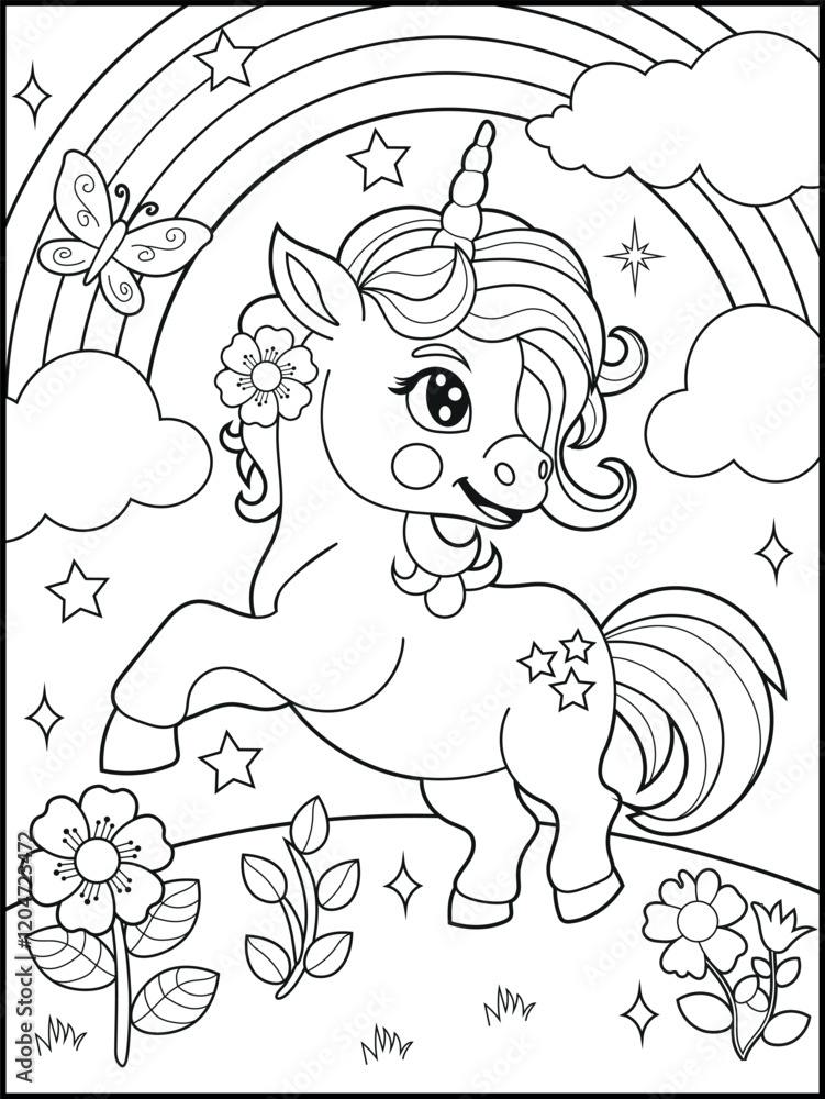 Fototapeta premium Illustration of a cute baby unicorn cartoon character. Black and white Printable Unicorn coloring page for kids.