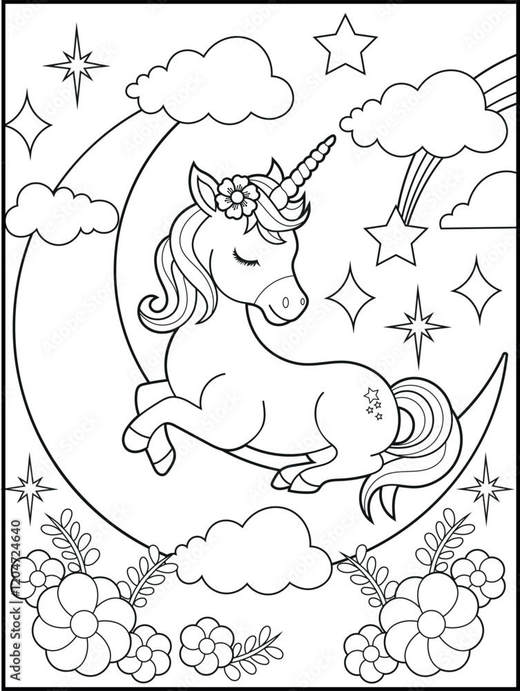 Fototapeta premium Illustration of a cute baby unicorn cartoon character. Black and white Printable Unicorn coloring page for kids.