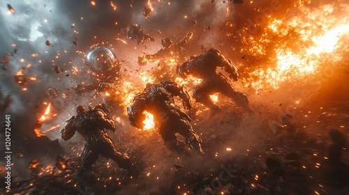 Fiery battle, robots fighting, apocalyptic landscape, cinematic action, gaming background photo