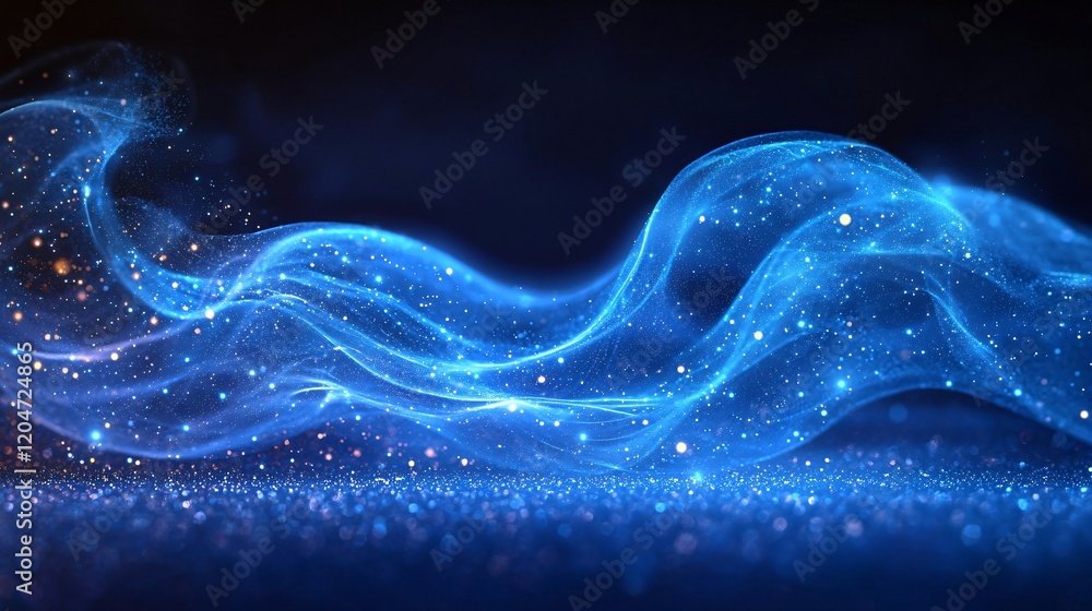 Abstract blue wave with sparkling particles on dark background digital art Abstract blue wave with sparkling particles on dark background digital art