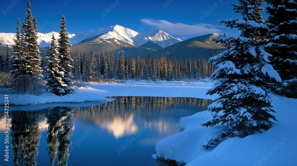 Beautiful majestic landscape with snow covered forest and lake Beautiful majestic landscape with snow covered forest and lake