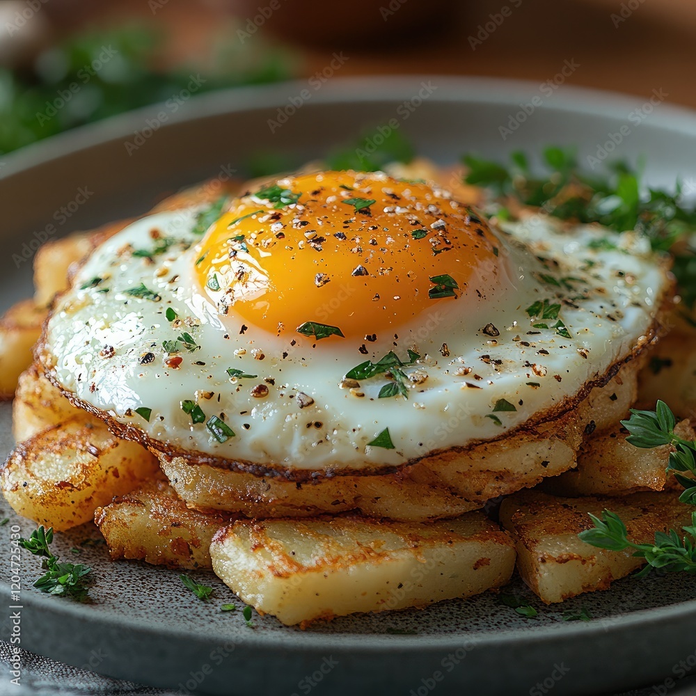A fried egg with a runny yolk, styled on top of a plate of crispy hash browns and fresh herbs A fried egg with a runny yolk, styled on top of a plate of crispy hash browns and fresh herbs
