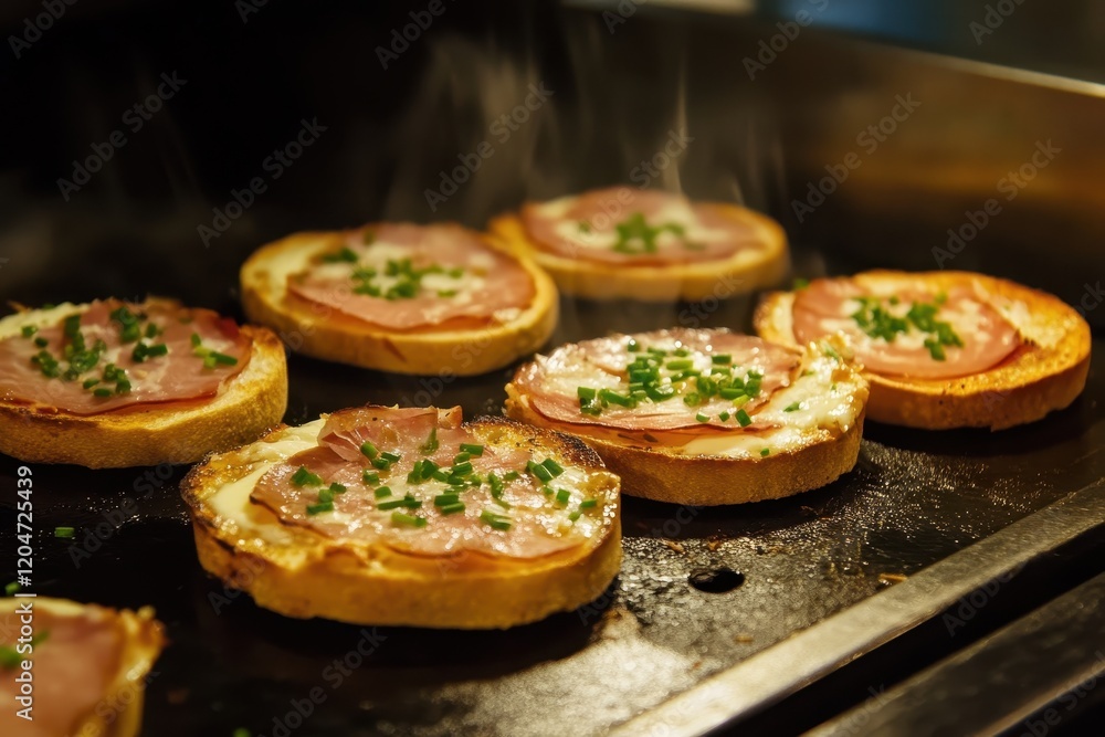 Five crispy crostini with prosciutto taleggio and chives Five crispy crostini with prosciutto taleggio and chives