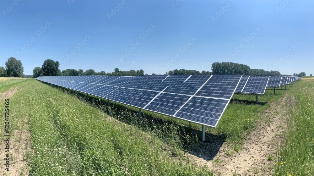 Sustainable Energy: Solar Panels in a Lush Green Field Sustainable Energy: Solar Panels in a Lush Green Field