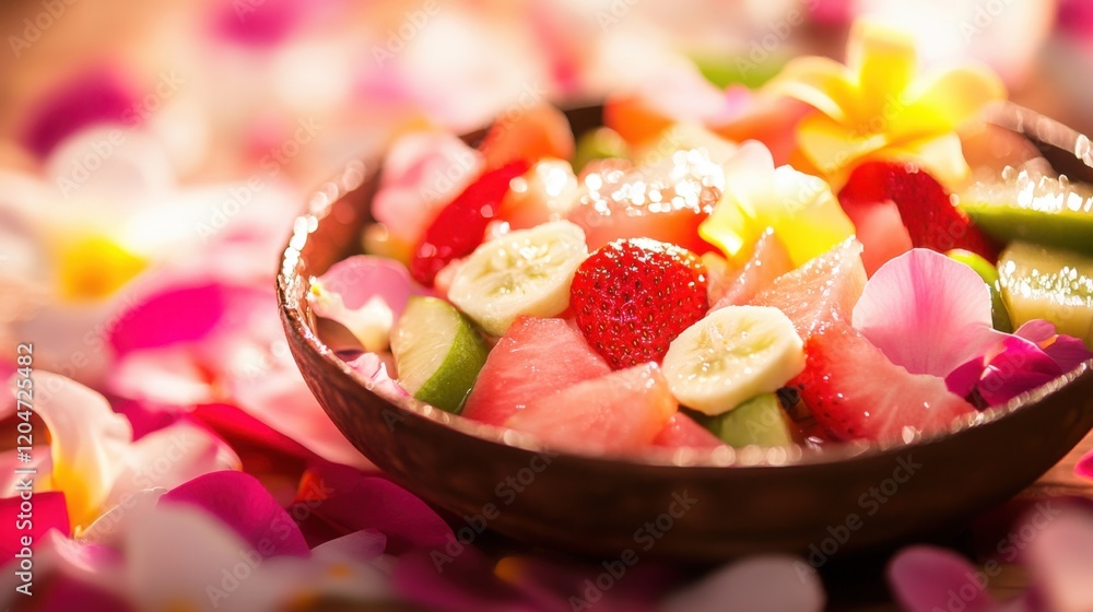 Fresh tropical fruits with water droplets, surrounded by colorful petals, celebrating Thai Songkran Festival's vibrant and festive spirit. Fresh tropical fruits with water droplets, surrounded by colorful petals, celebrating Thai Songkran Festival's vibrant and festive spirit.