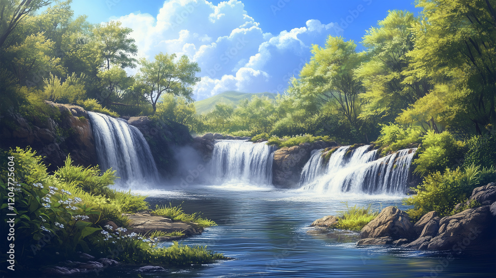 Fototapeta premium 自然の中の川と滝のパノラマビュー